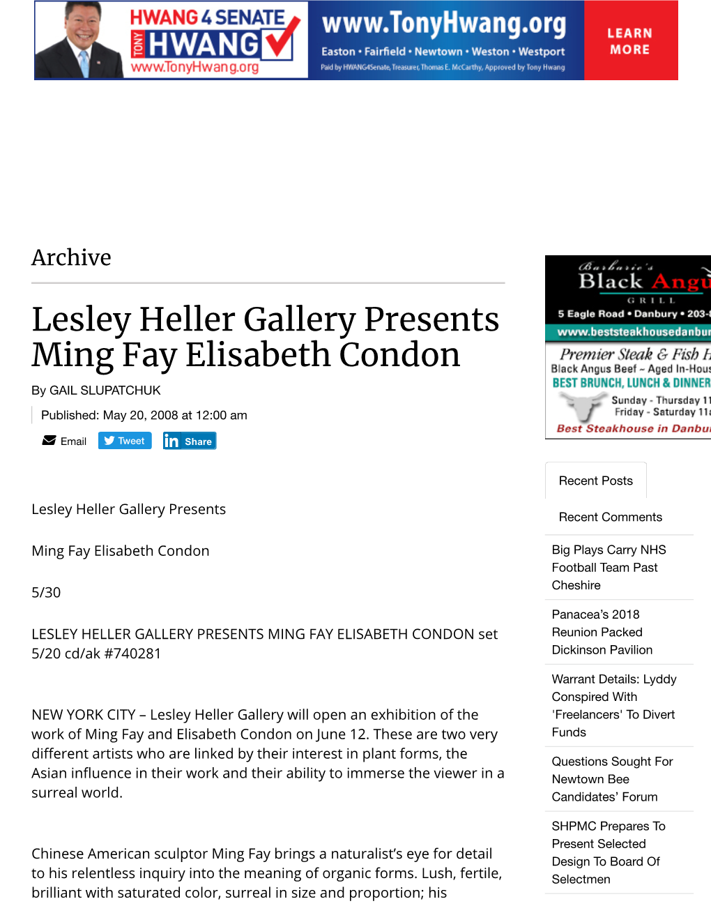 Lesley Heller Gallery Presents Ming Fay Elisabeth Condon by GAIL SLUPATCHUK Published: May 20, 2008 at 12:00 Am