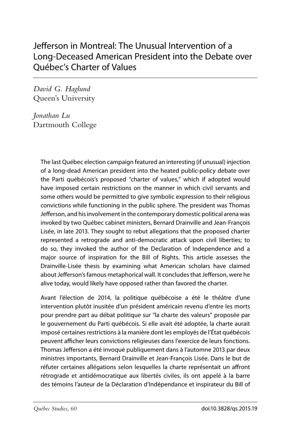 Jefferson in Montreal: the Unusual Intervention of a Long-Deceased American President Into the Debate Over Québec’S Charter of Values