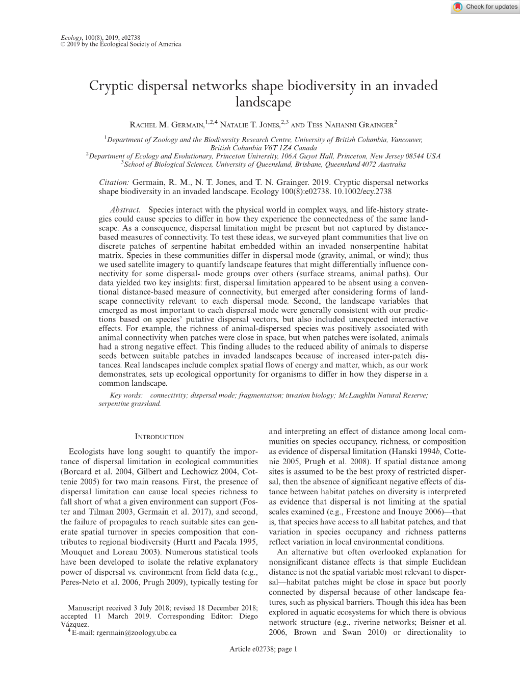 Cryptic Dispersal Networks Shape Biodiversity in an Invaded Landscape