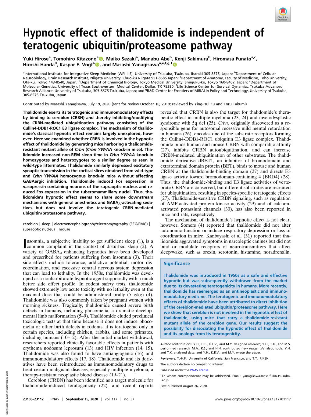 Hypnotic Effect of Thalidomide Is Independent of Teratogenic Ubiquitin/Proteasome Pathway