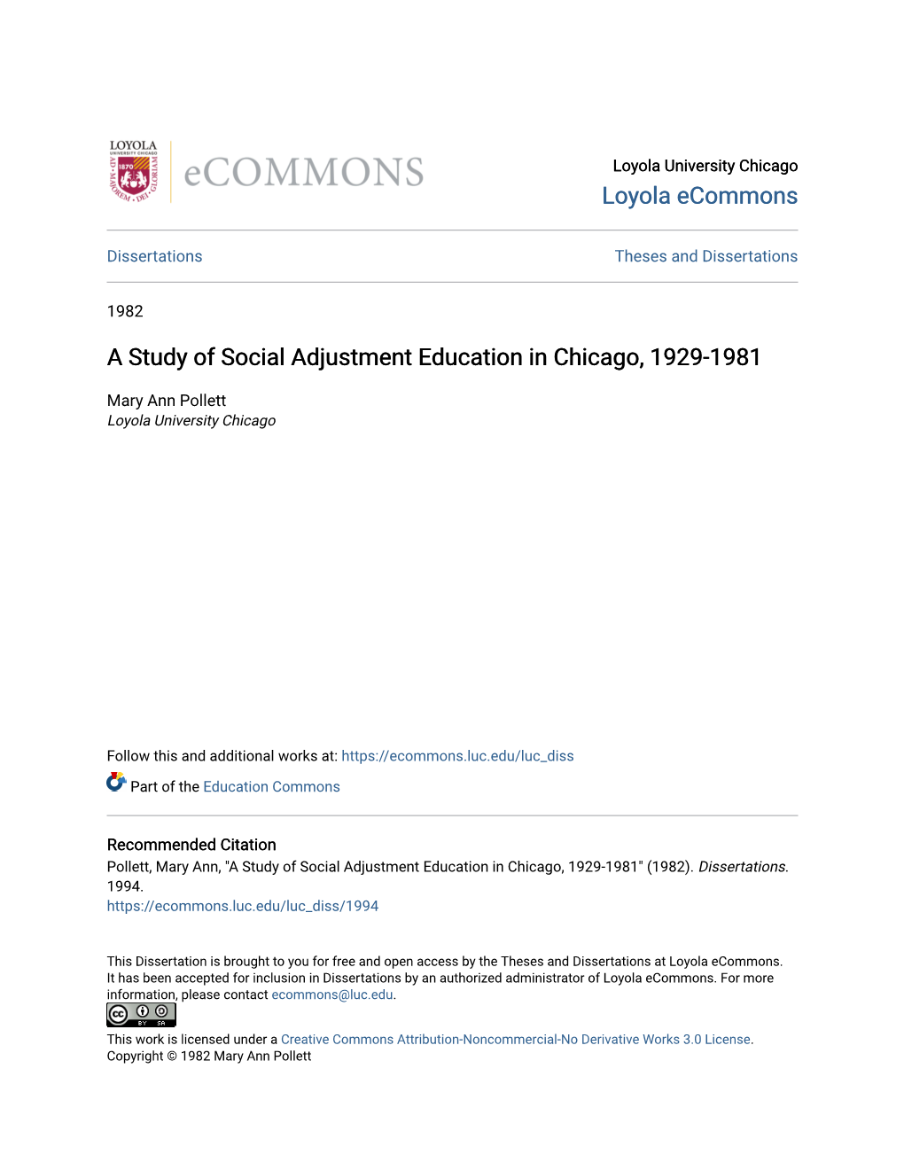 A Study of Social Adjustment Education in Chicago, 1929-1981