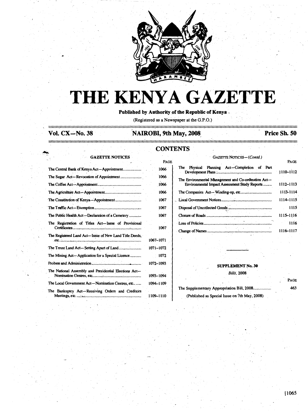 THE KENYA GAZ ETTE Published by Authority of the Republic of Kenya , (Registered As a Newspaper at the G.P.O.)