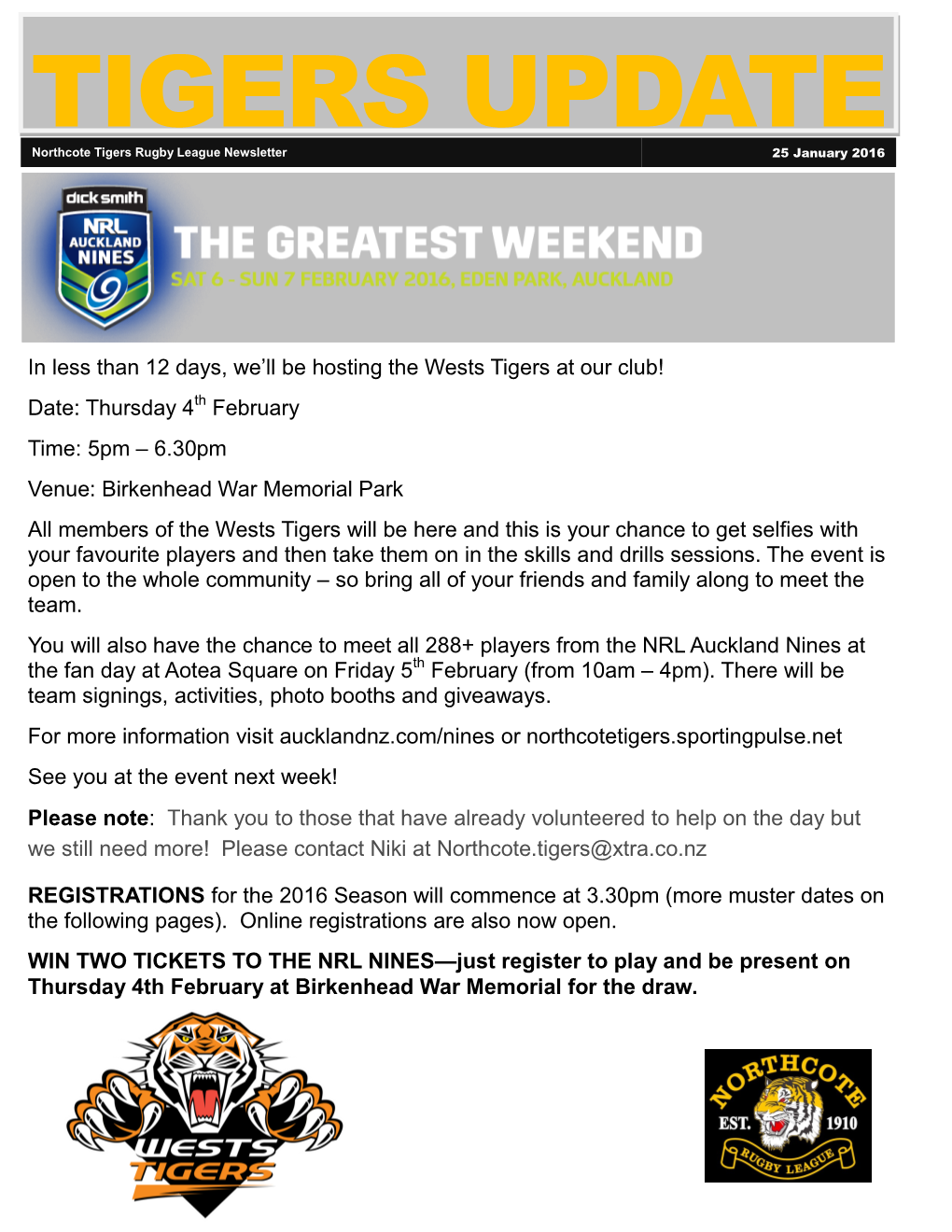 TIGERS UPDATE Northcote Tigers Rugby League Newsletter 25 January 2016
