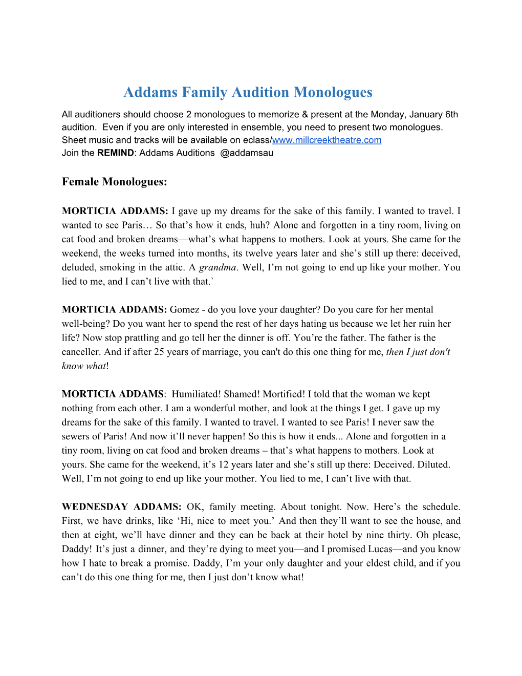 Addams Family Audition Monologues