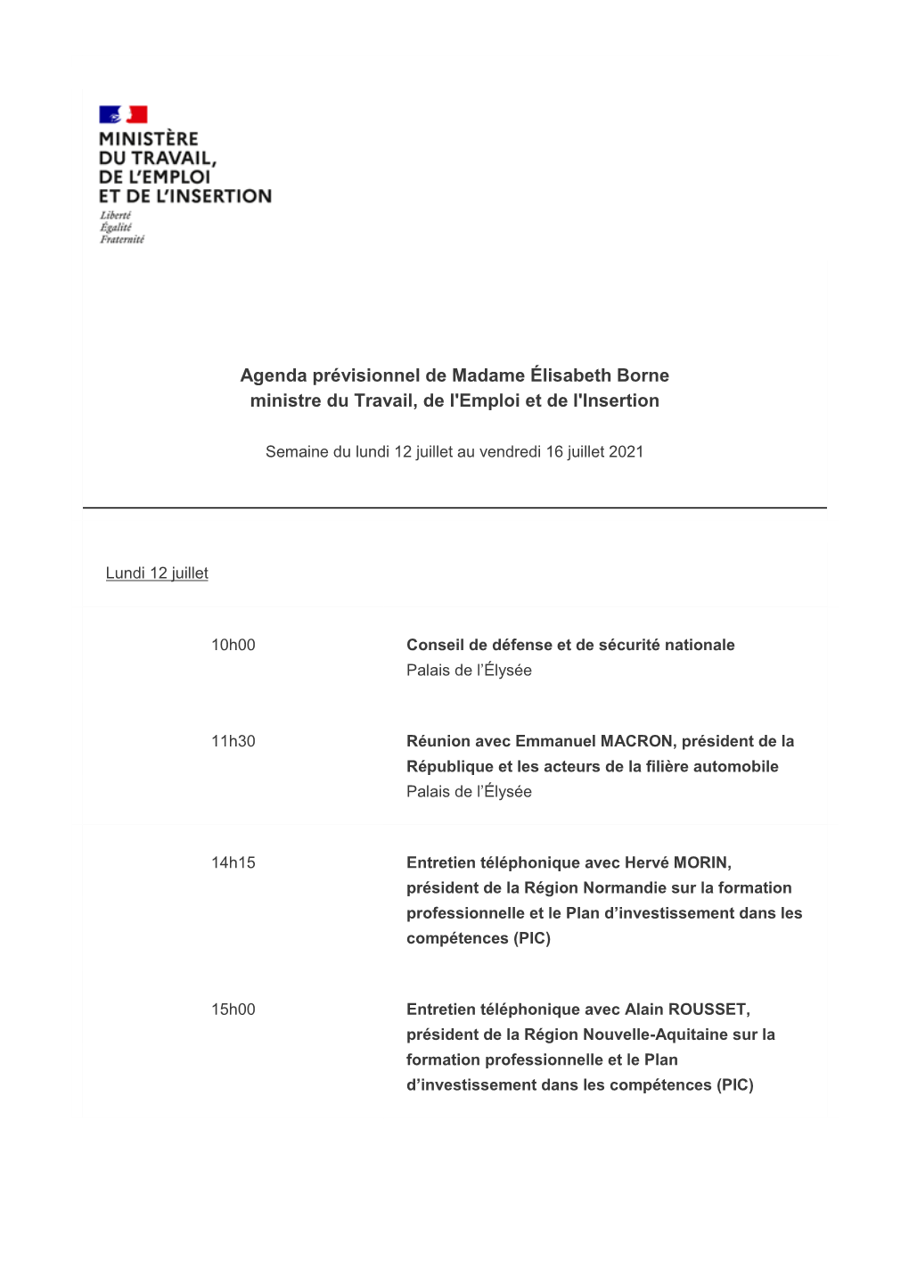 Agenda Prévisionnel De Madame Élisabeth Borne Ministre Du Travail, De L'emploi Et De L'insertion