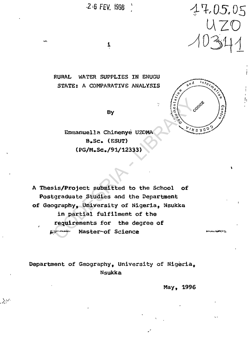 Rural Water Supplies in Enugu State: a Comparative Analysis