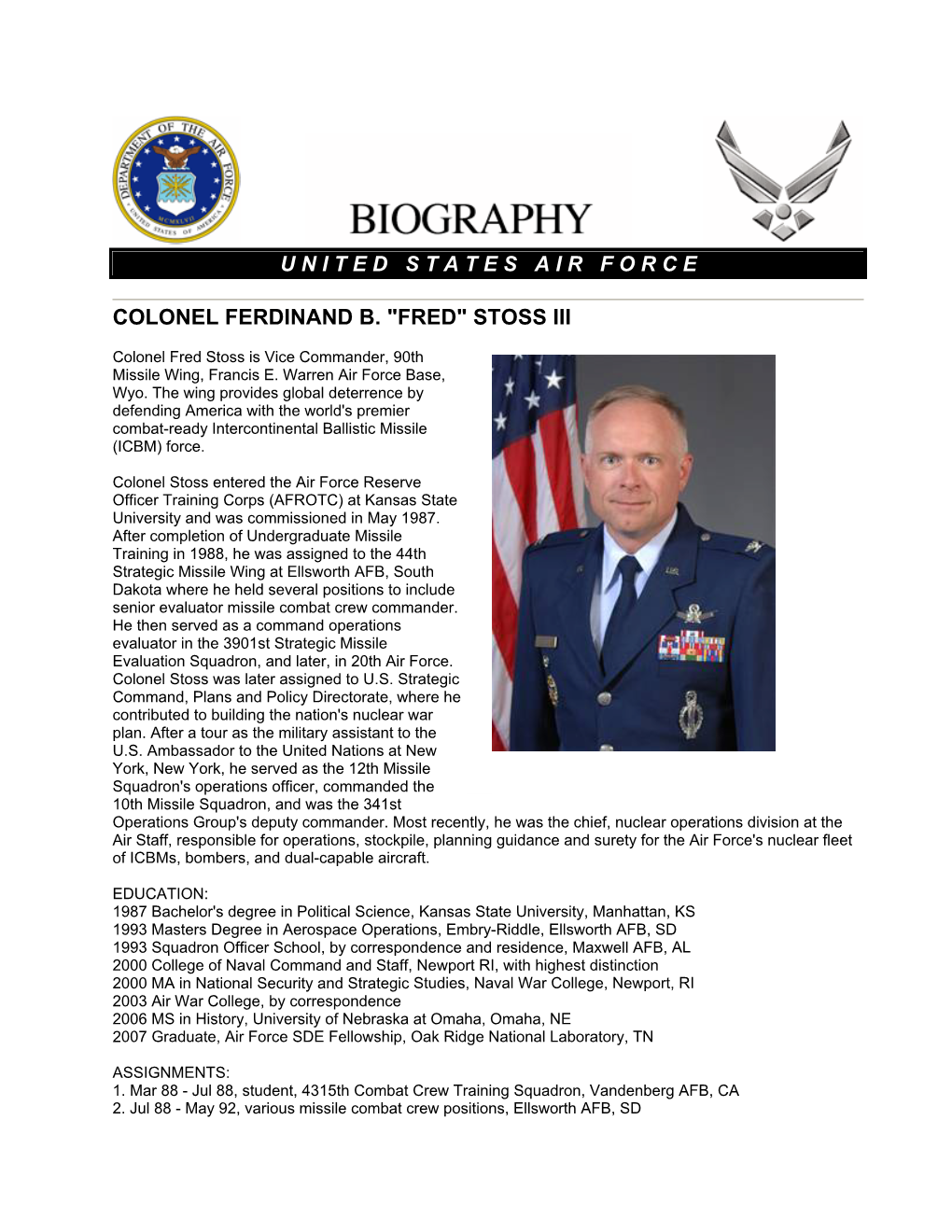 Fred Stoss Is Vice Commander, 90Th Missile Wing, Francis E