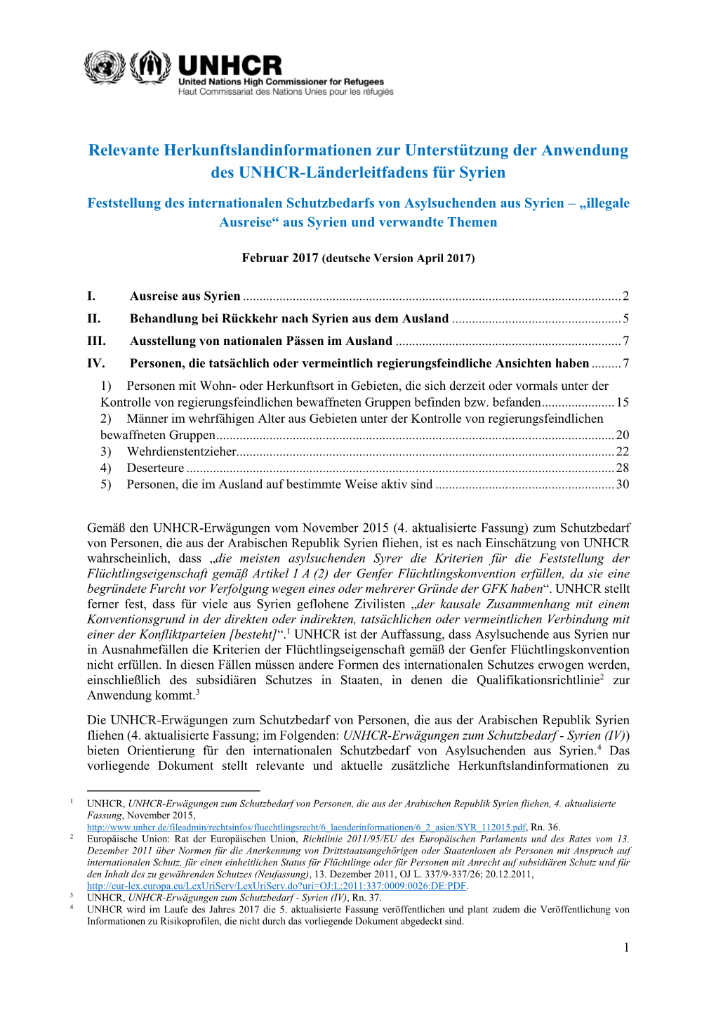 Relevante Herkunftslandinformationen Zur Unterstützung Der Anwendung Des UNHCR-Länderleitfadens Für Syrien