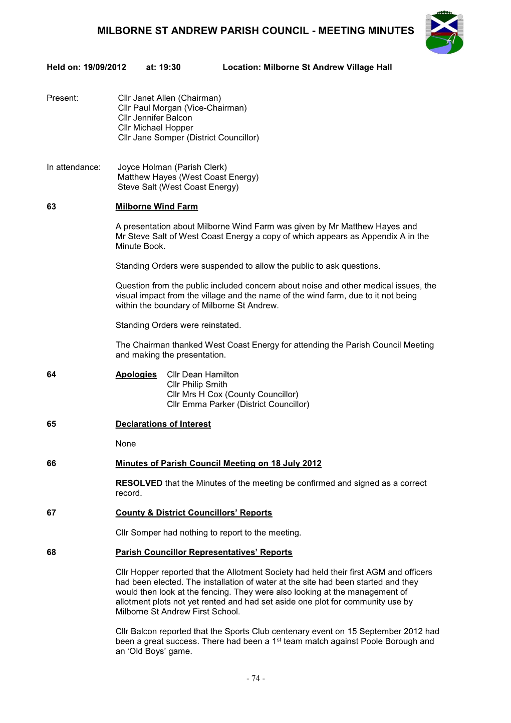 Milborne St Andrew Parish Council - Meeting Minutes