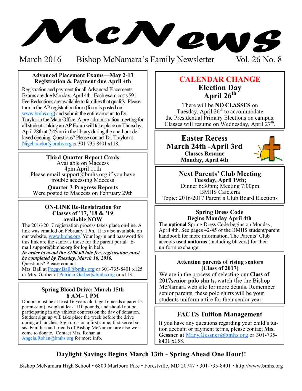 March 2016 Bishop Mcnamara's Family Newsletter Vol. 26 No. 8