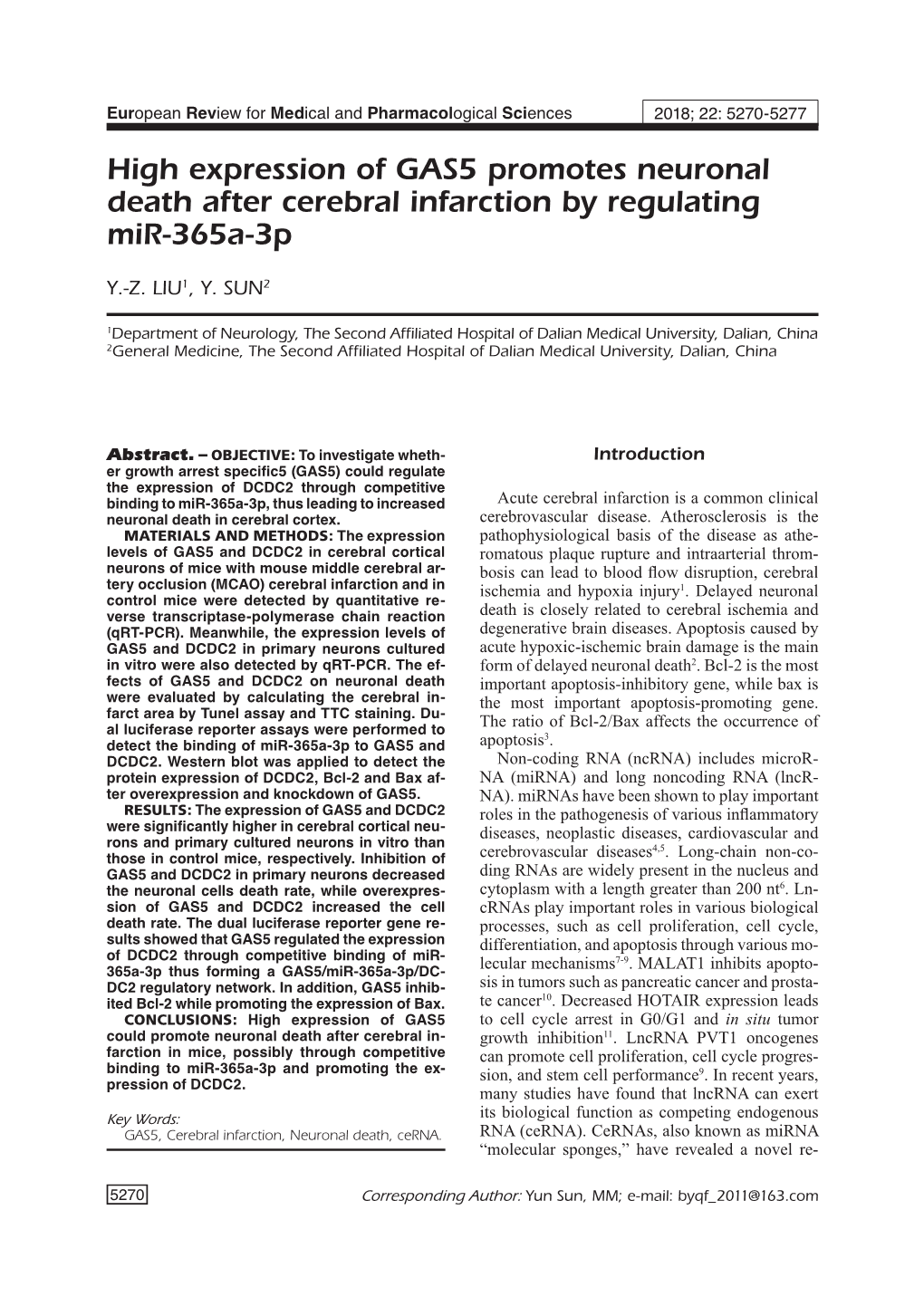 GAS5 Promotes Neuronal Death in Cerebral Infarction