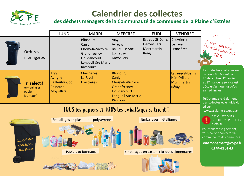 Calendrier Des Collectes Des Déchets Ménagers De La Communauté De Communes De La Plaine D’Estrées