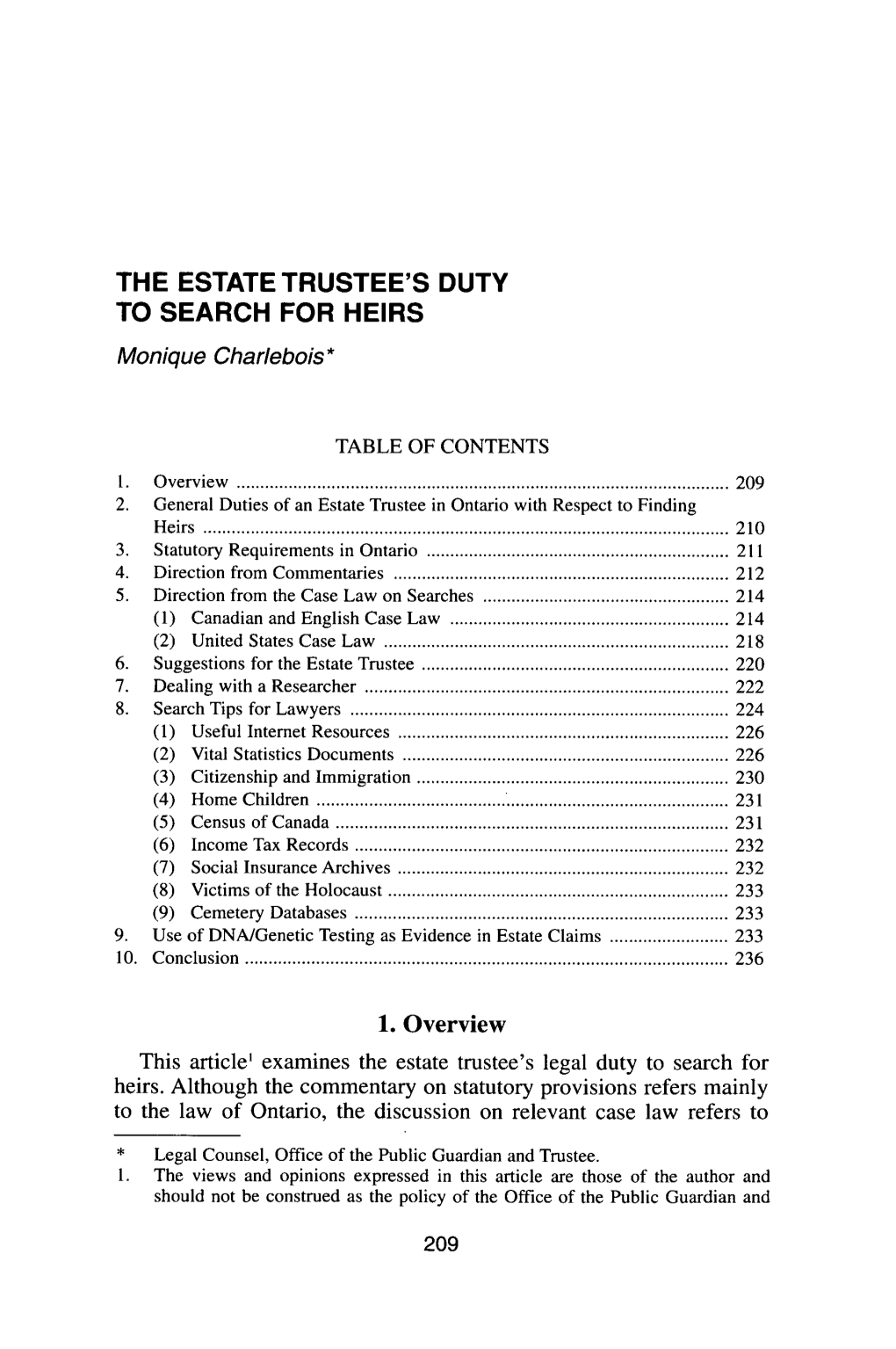 THE ESTATE TRUSTEE's DUTY to SEARCH for HEIRS Monique Charlebois*