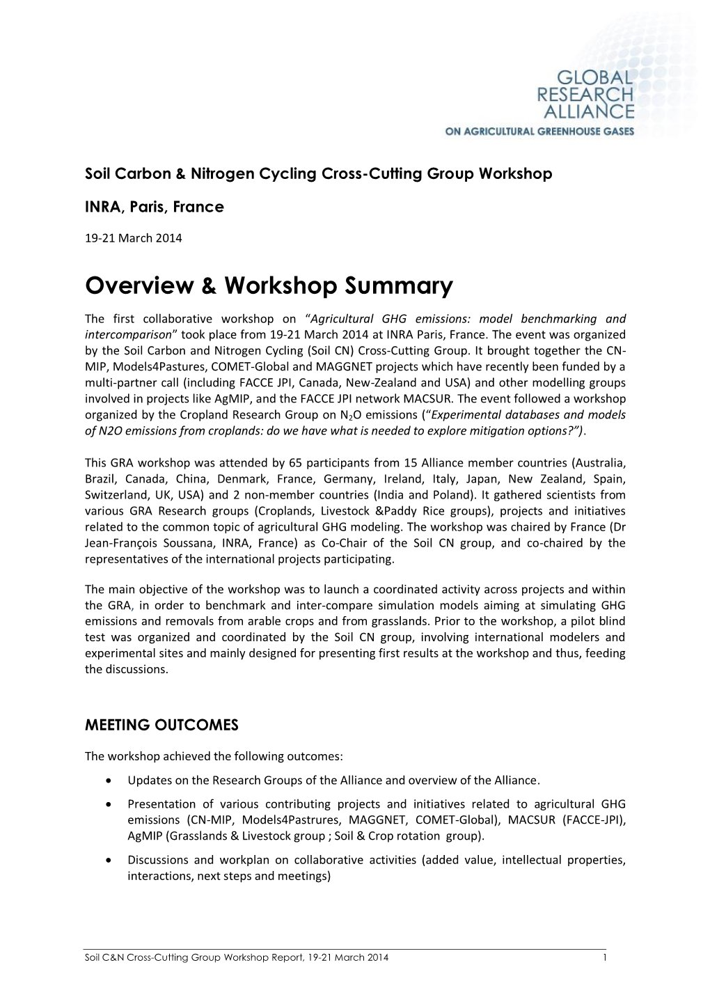 Soil Carbon Nitrogen Cycling Group Workshop, Paris France, March 2014