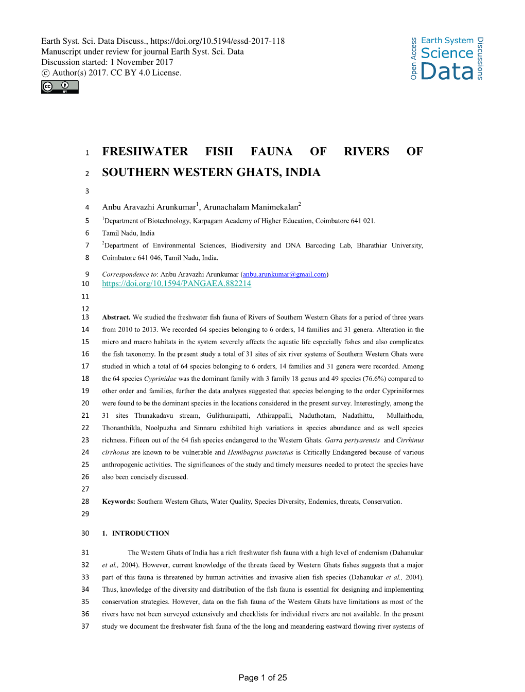 Freshwater Fish Fauna of Rivers of the Southern Western Ghats, India