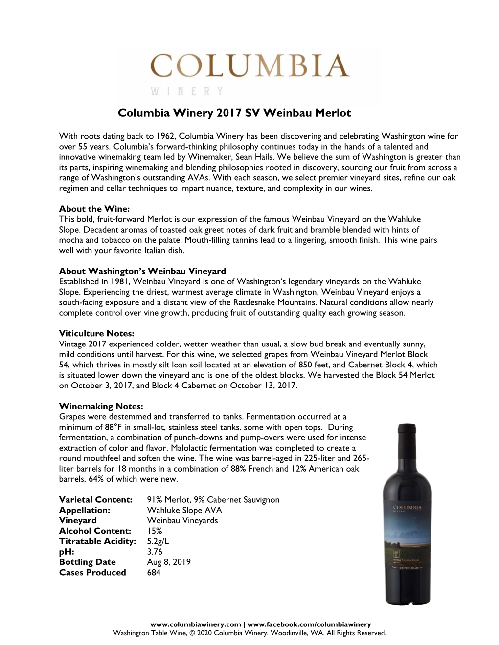 Columbia Winery 2017 SV Weinbau Merlot