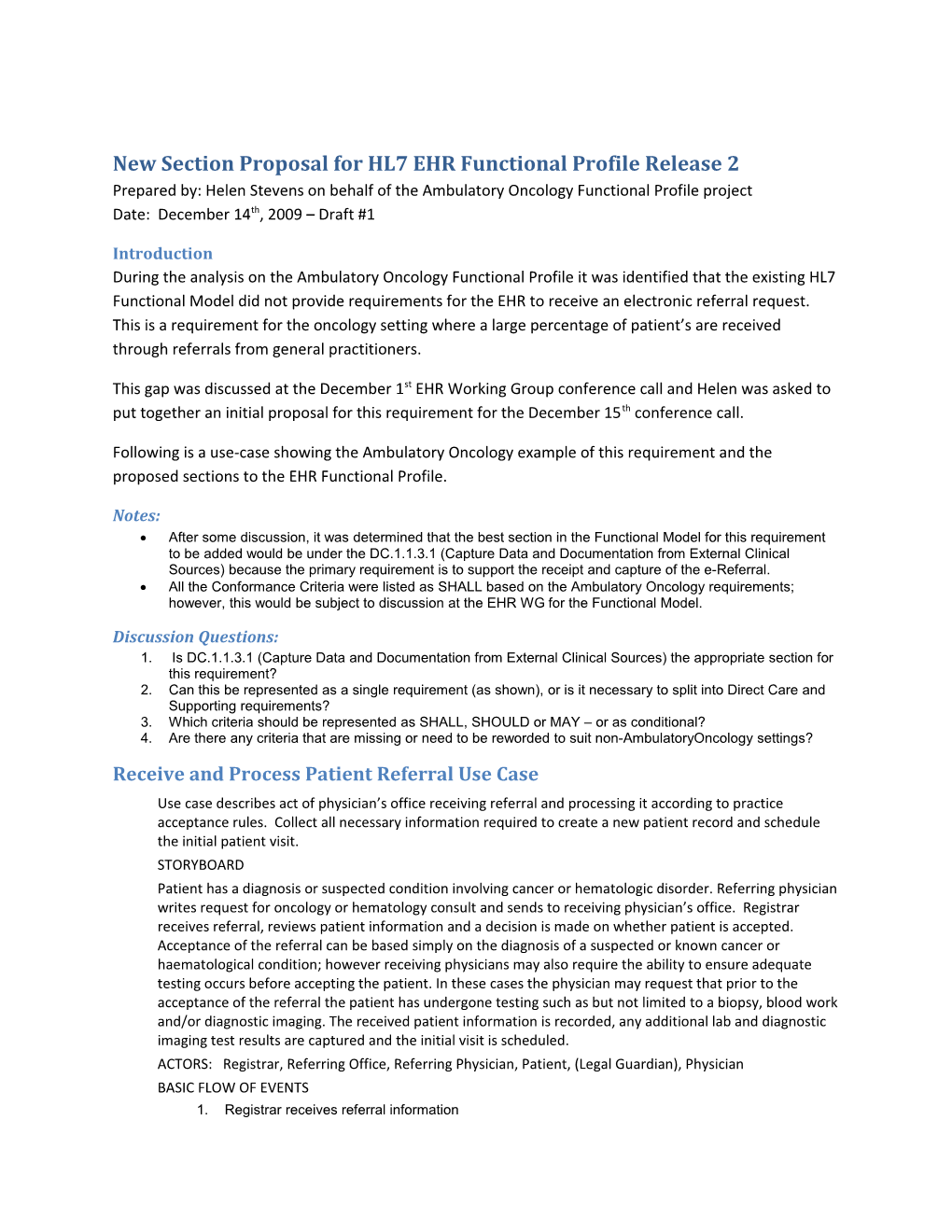 New Section Proposal for HL7 EHR Functional Profile Release 2