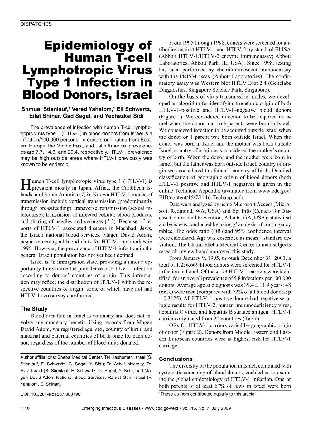 Epidemiology of Human T-Cell Lymphotropic Virus Type 1 Infection in Blood Donors, Israel