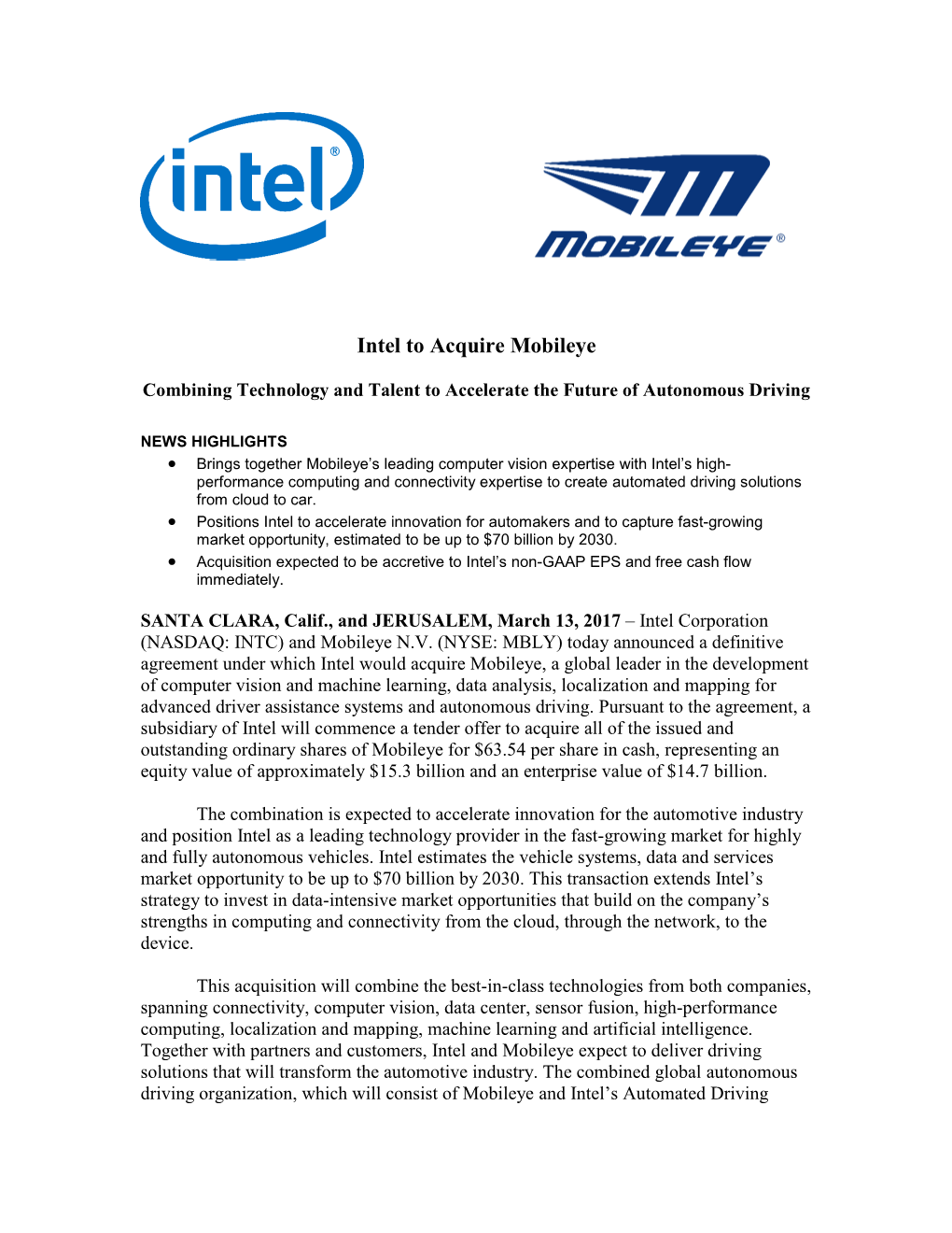 Intel to Acquire Mobileye