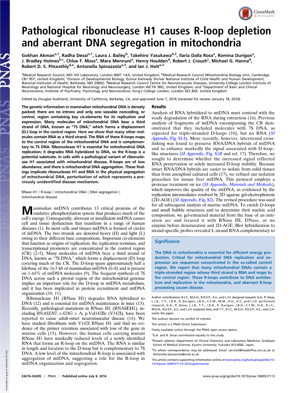 Pathological Ribonuclease H1 Causes R-Loop Depletion and Aberrant DNA Segregation in Mitochondria