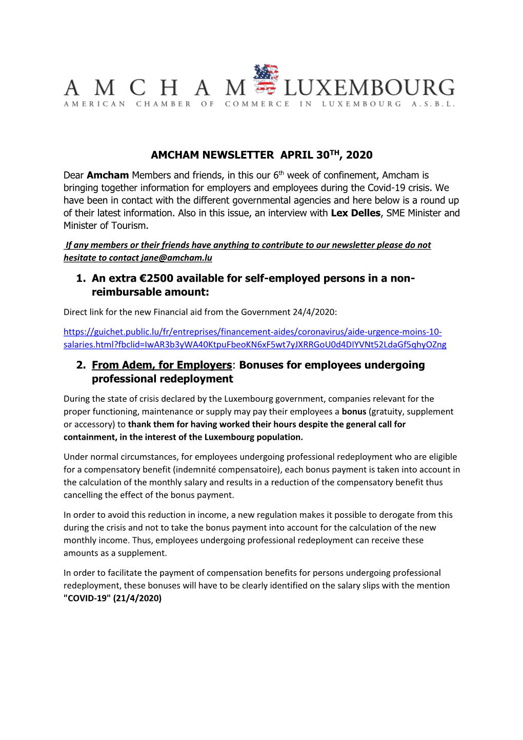 AMCHAM NEWSLETTER APRIL 30TH, 2020 1. an Extra €2500 Available for Self-Employed Persons in a Non- Reimbursable Amount: 2. Fr