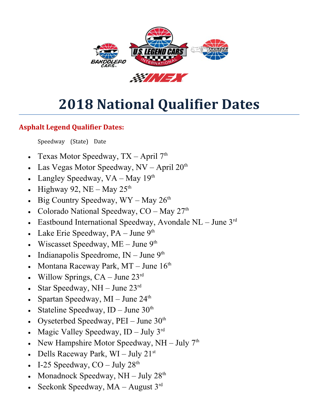 2018 National Qualifier Dates