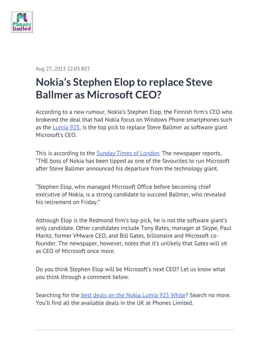 Nokia's Stephen Elop to Replace Steve Ballmer As Microsoft CEO?