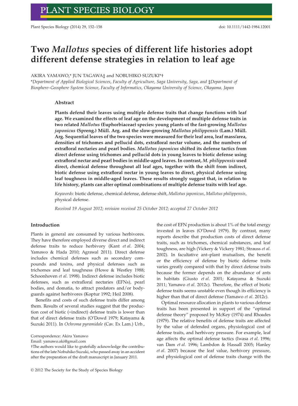 Two Mallotus Species of Different Life Histories Adopt Different Defense Strategies in Relation to Leaf Age