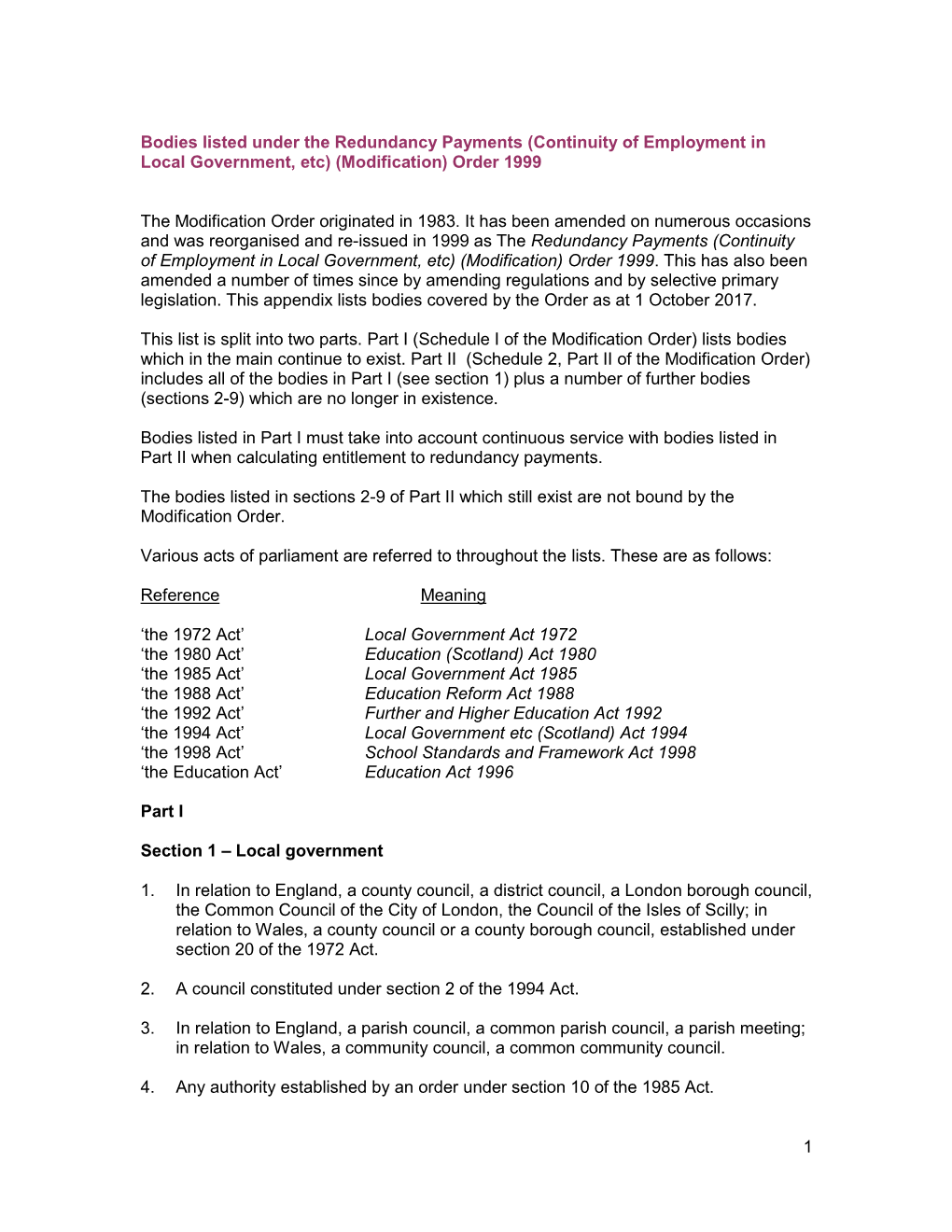 Bodies Listed Under the Redundancy Payments (Continuity of Employment in Local Government, Etc) (Modification) Order 1999