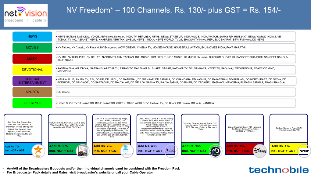 100 Channels, Rs. 130/- Plus GST = Rs