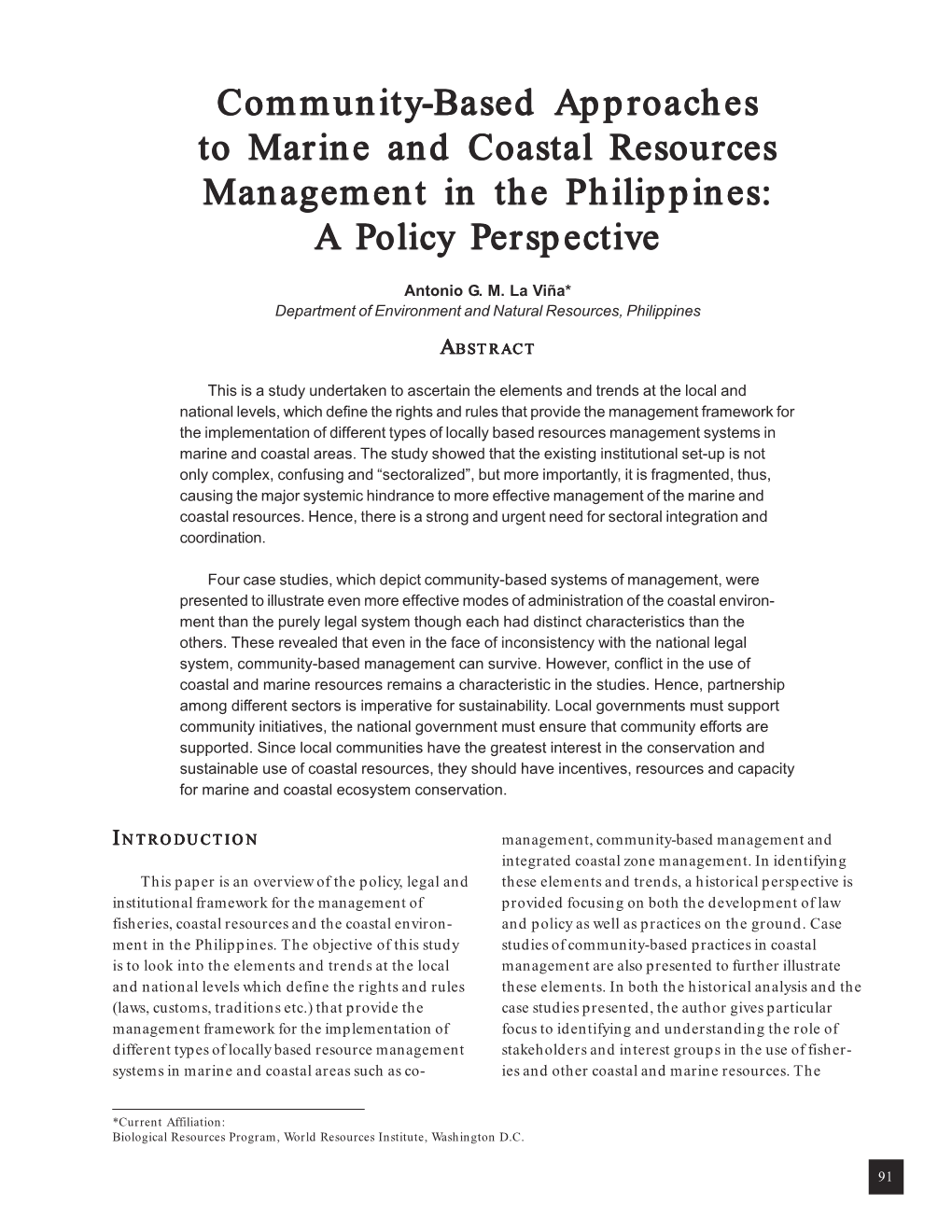 Community-Based Approaches to Marine and Coastal Resources Management in the Philippines: a Policy Perspective