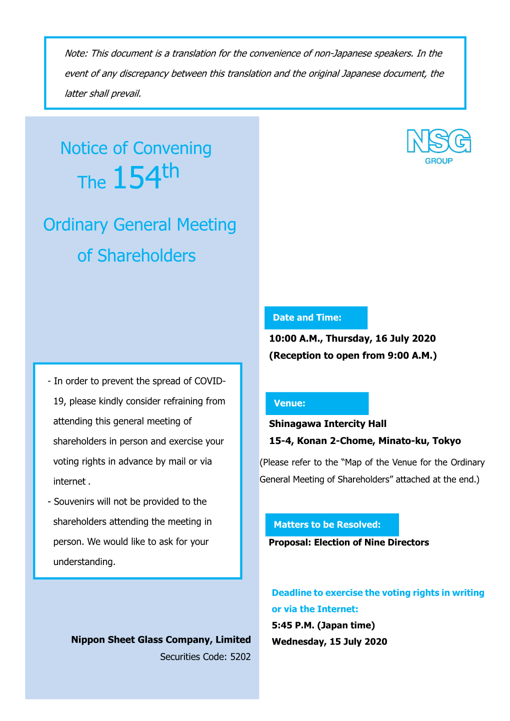 Notice of Convening the 154Th Ordinary General Meeting of Shareholders