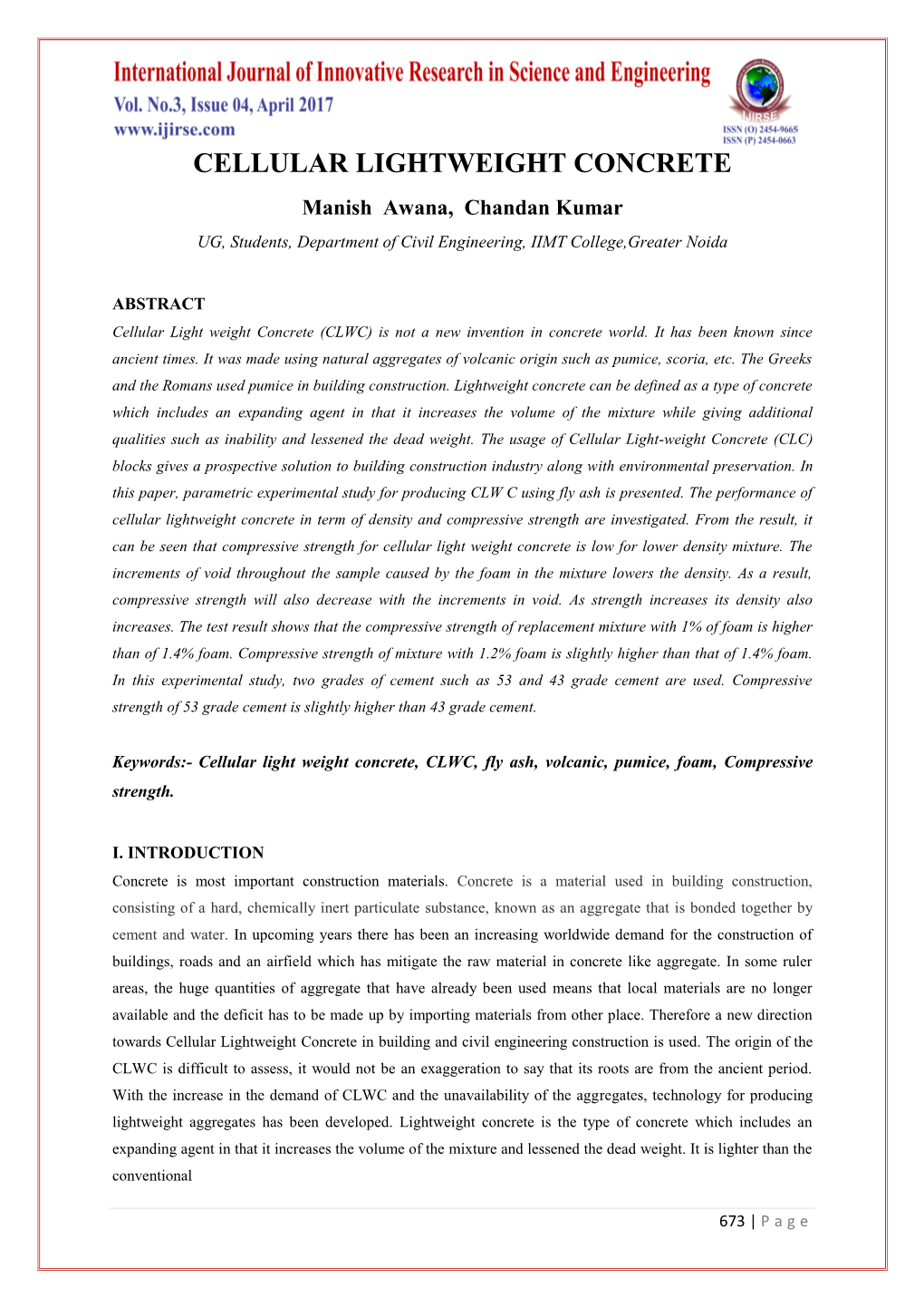 CELLULAR LIGHTWEIGHT CONCRETE Manish Awana, Chandan Kumar UG, Students, Department of Civil Engineering, IIMT College,Greater Noida