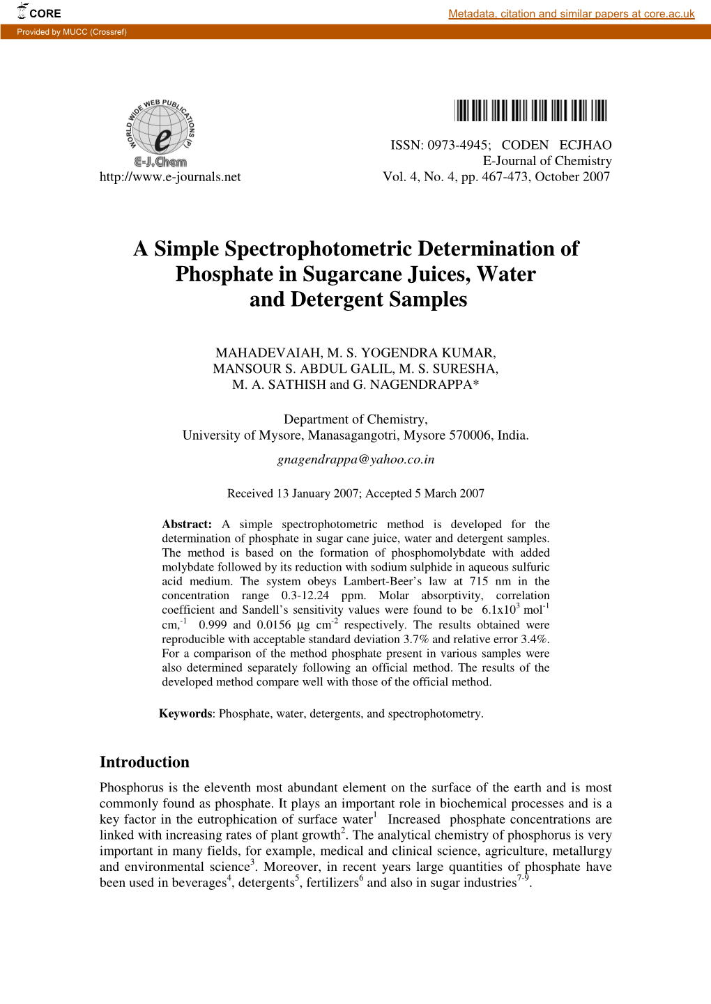 A Simple Spectrophotometric Determination of Phosphate in Sugarcane Juices, Water and Detergent Samples