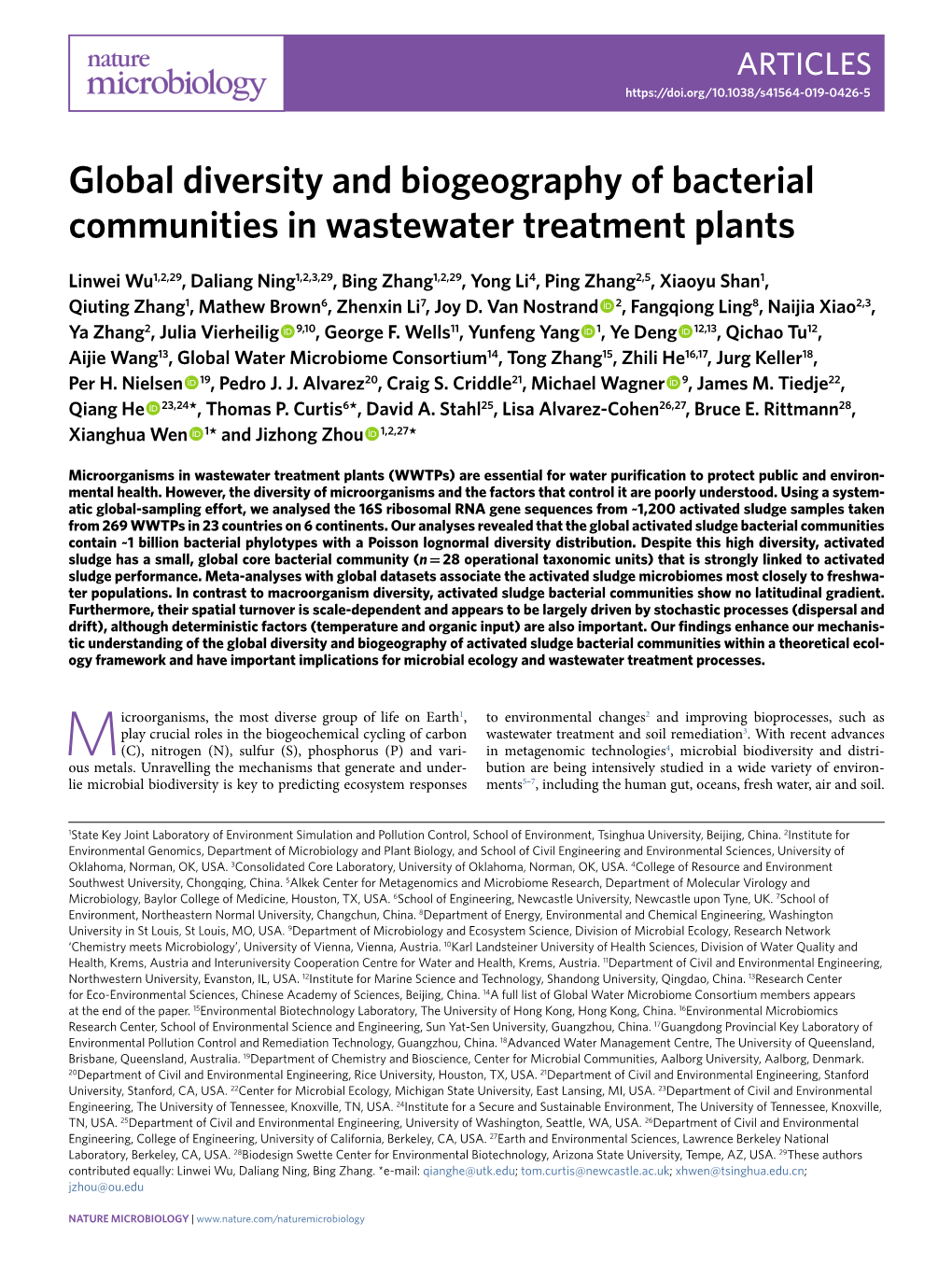 Global Diversity and Biogeography of Bacterial Communities in Wastewater Treatment Plants