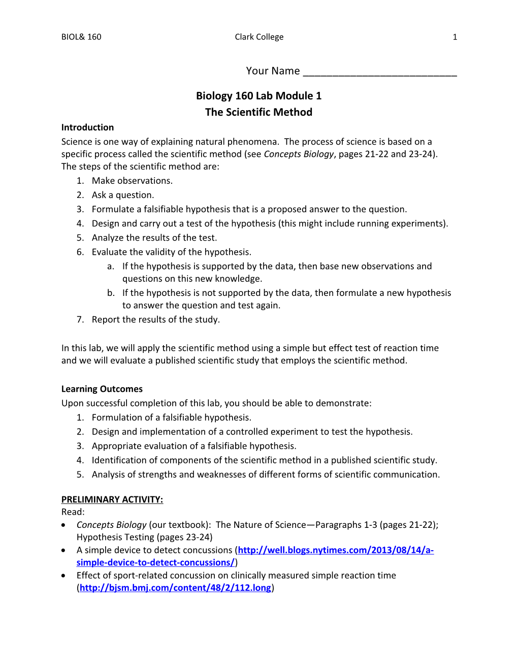 Biology 160 Lab Module 1