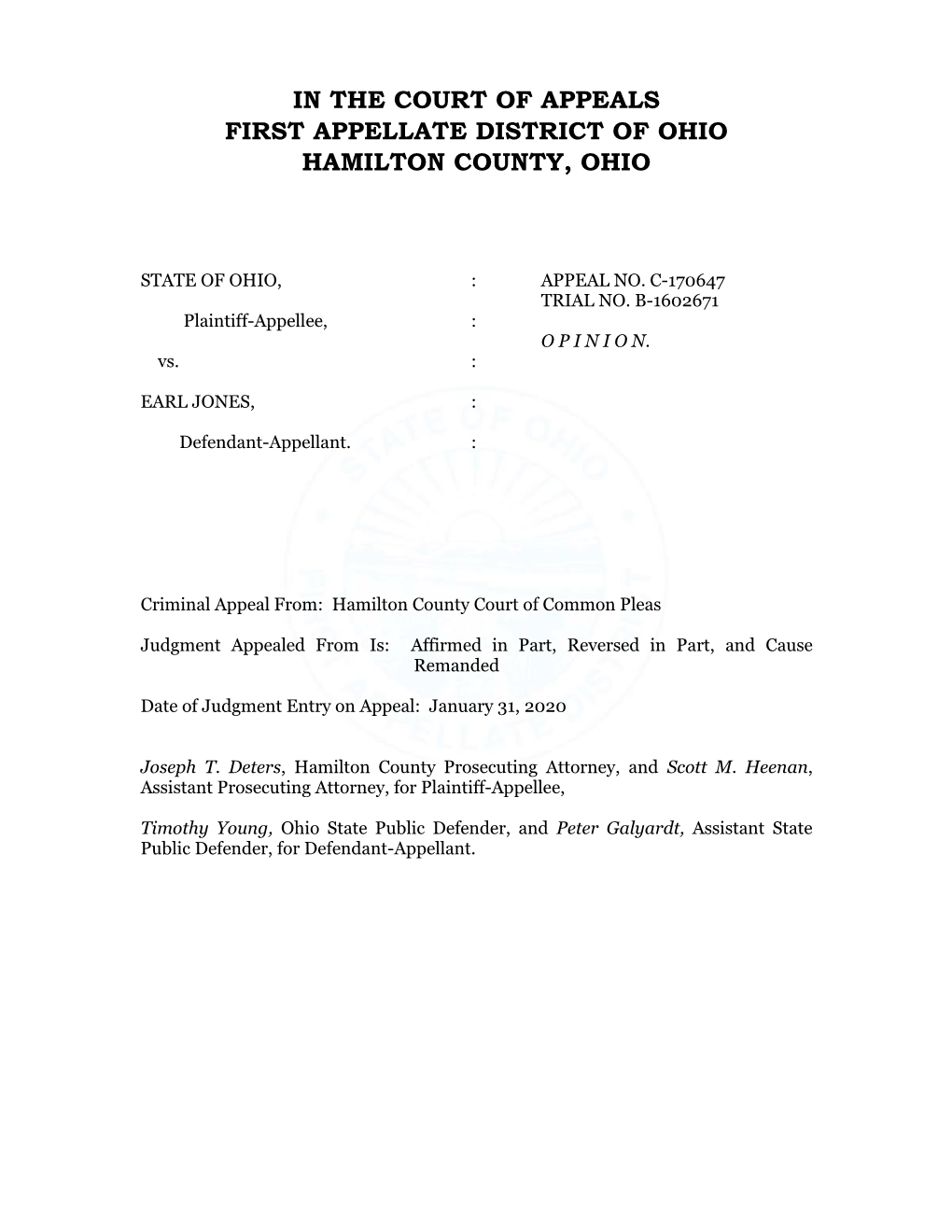 In the Court of Appeals First Appellate District of Ohio Hamilton County, Ohio