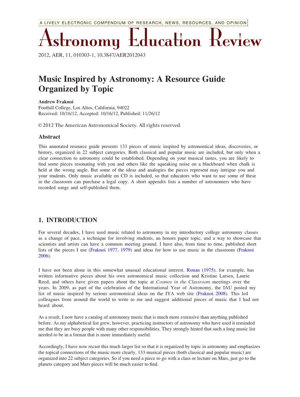 Astronomy Education Review 2012, AER, 11, 010303-1, 10.3847/AER2012043