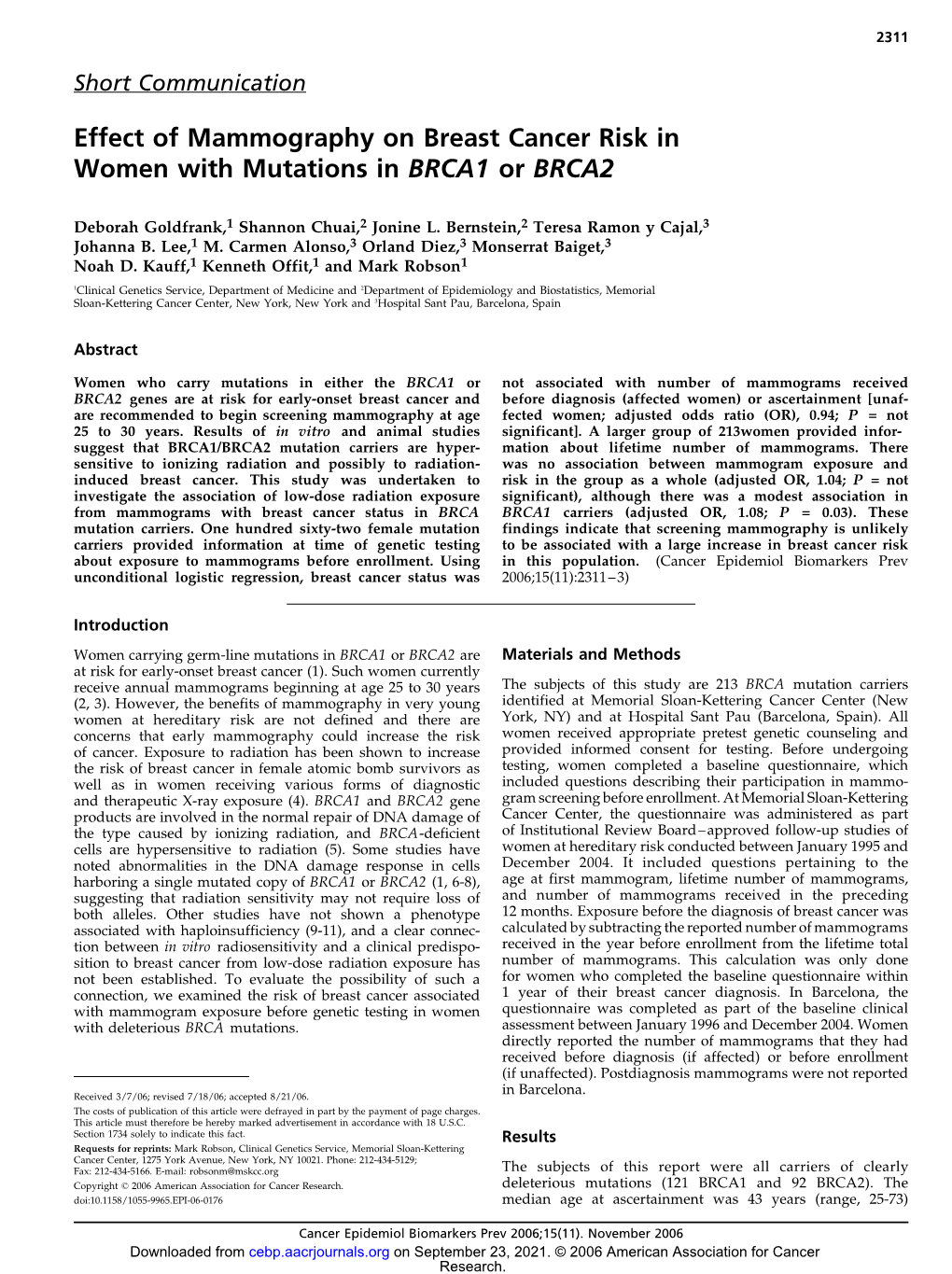 Effect of Mammography on Breast Cancer Risk in Women with Mutations in BRCA1 Or BRCA2