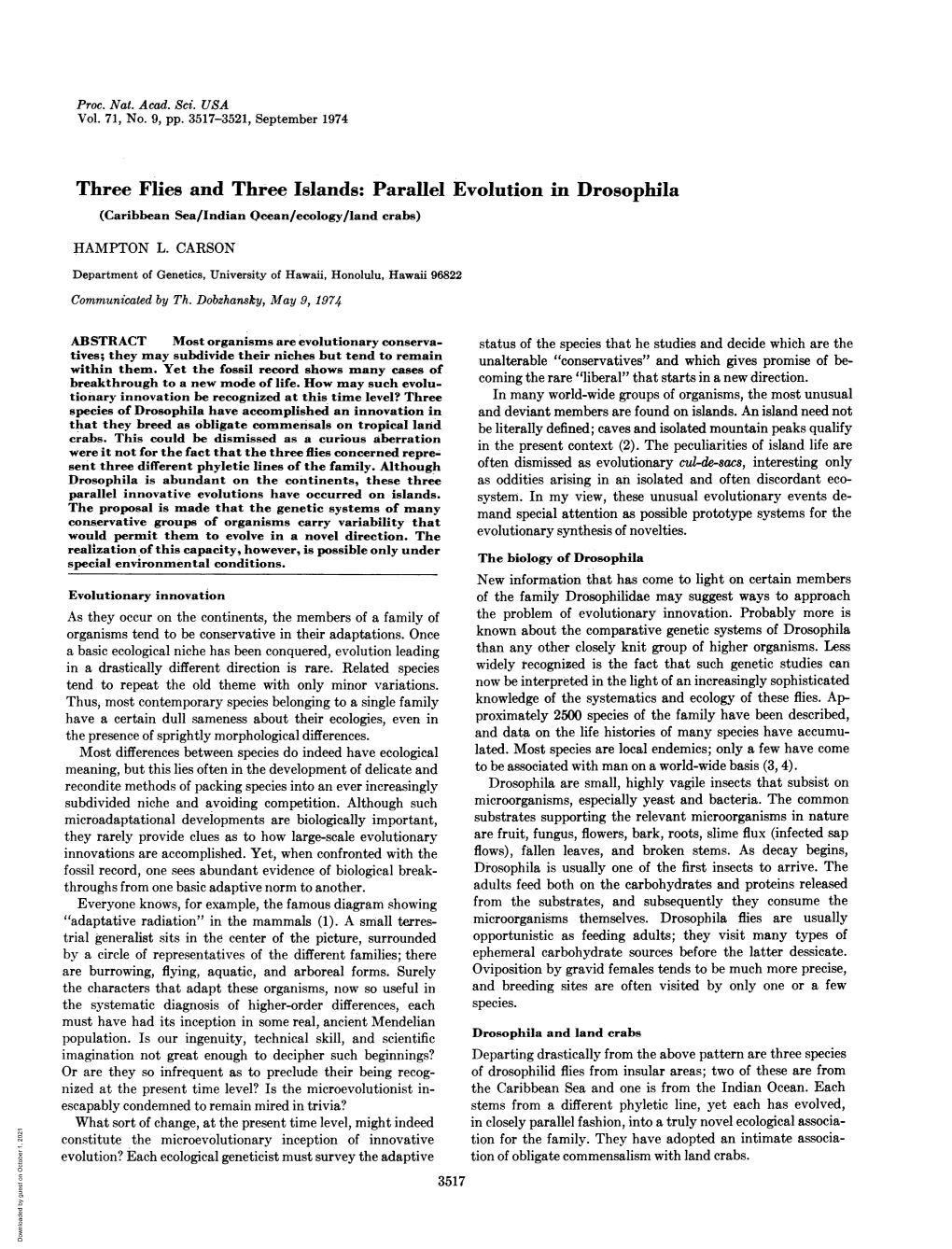 Parallel Evolution in Drosophila (Caribbean Sea/Indian Qcean/Ecology/Land Crabs) HAMPTON L