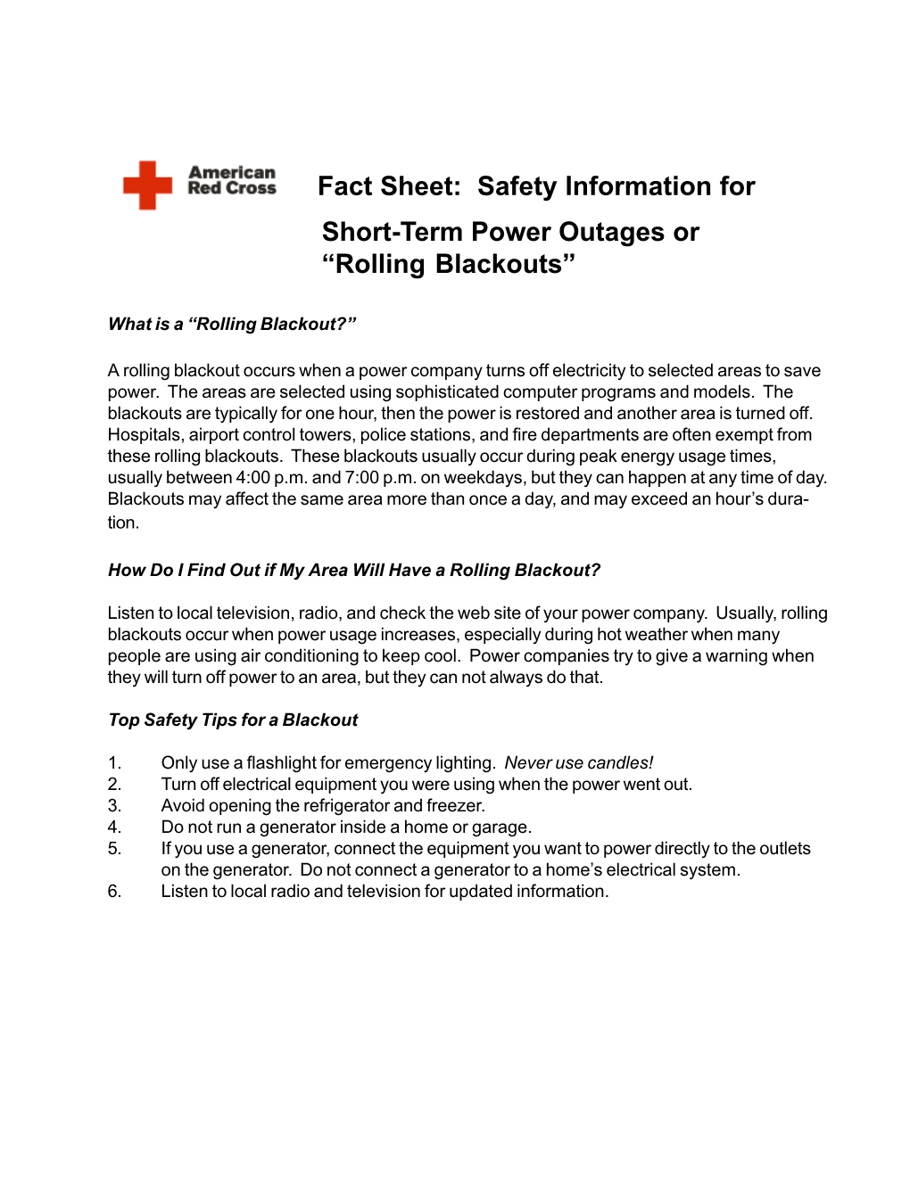 Safety Information for Short-Term Power Outages Or Rolling Blackouts