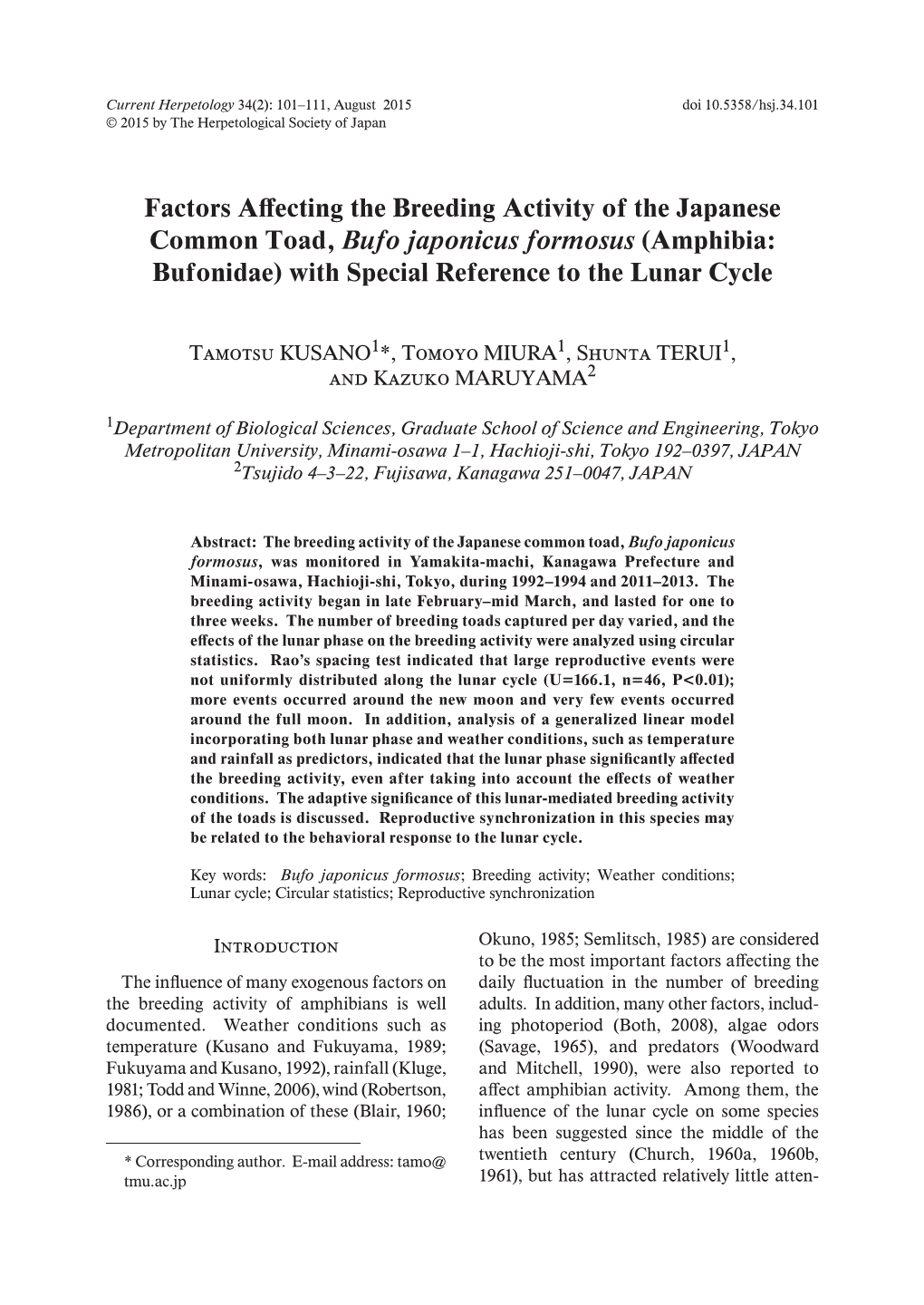 Factors Affecting the Breeding Activity of the Japanese Common Toad