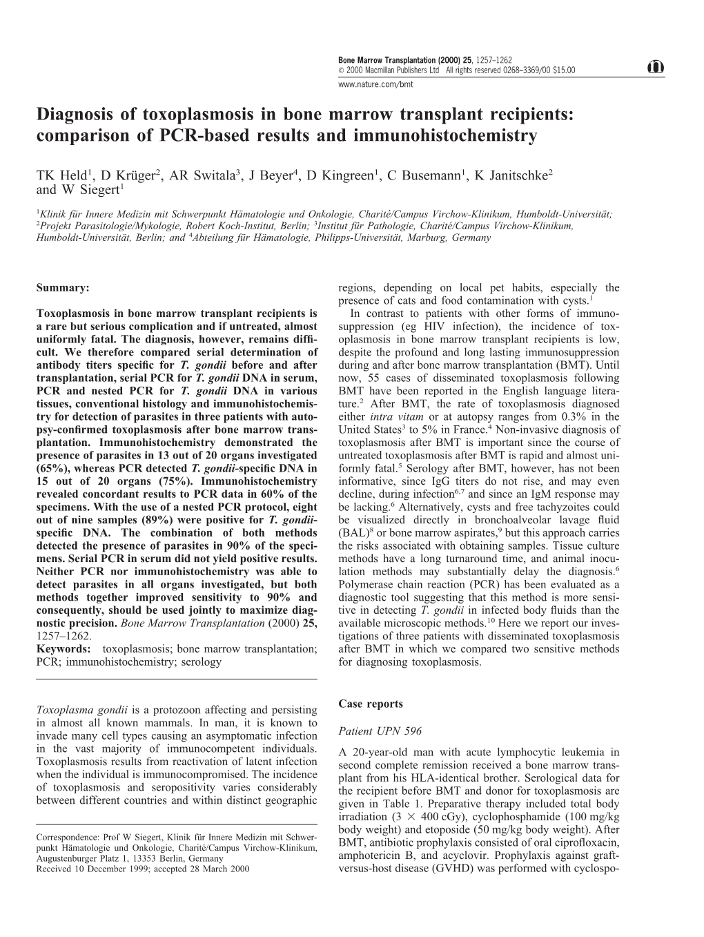 Diagnosis of Toxoplasmosis in Bone Marrow Transplant Recipients: Comparison of PCR-Based Results and Immunohistochemistry