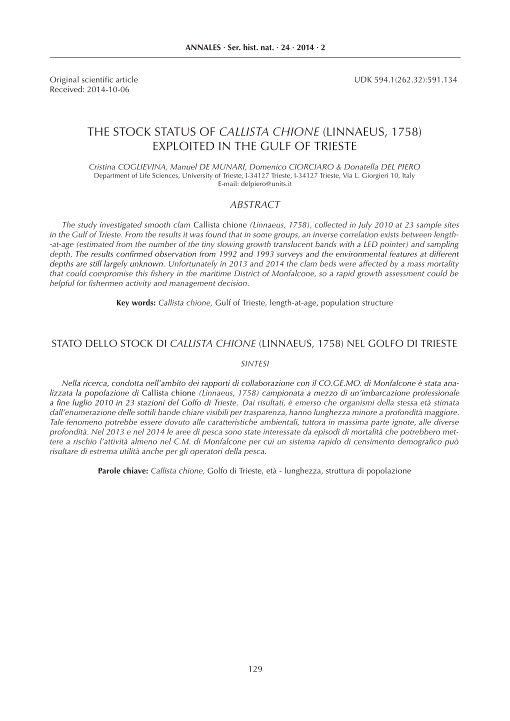 The Stock Status of Callista Chione (Linnaeus, 1758) Exploited in the Gulf of Trieste