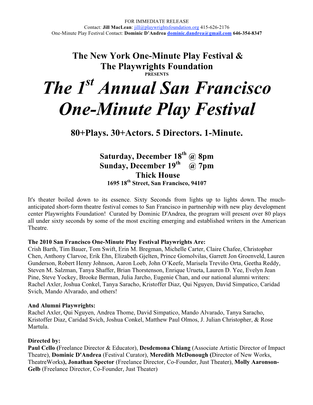 The 1 Annual San Francisco One-Minute Play Festival
