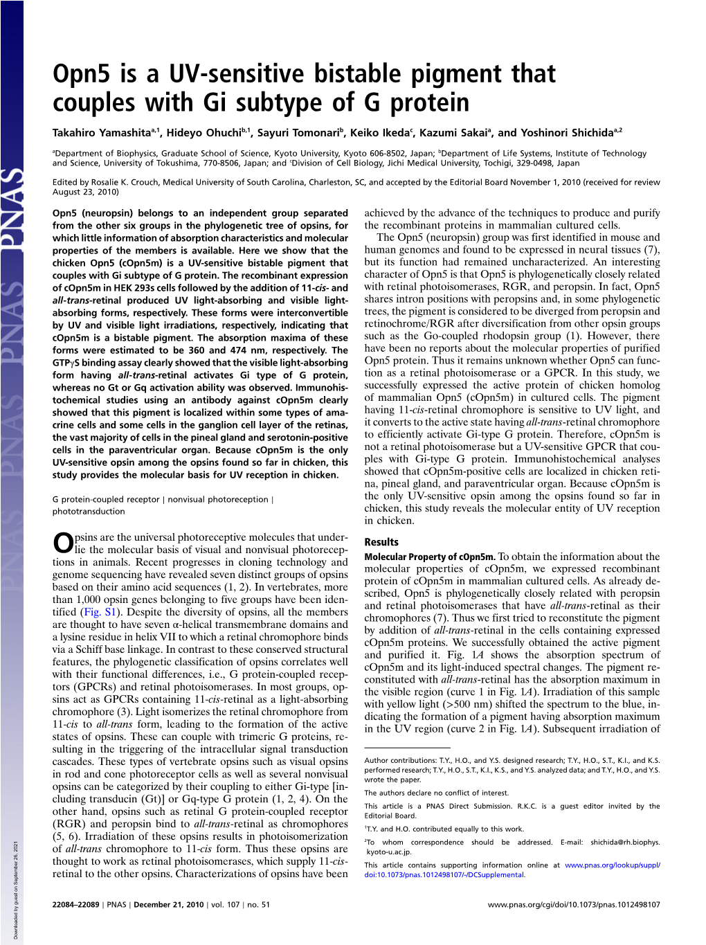 Opn5 Is a UV-Sensitive Bistable Pigment That Couples with Gi Subtype of G Protein