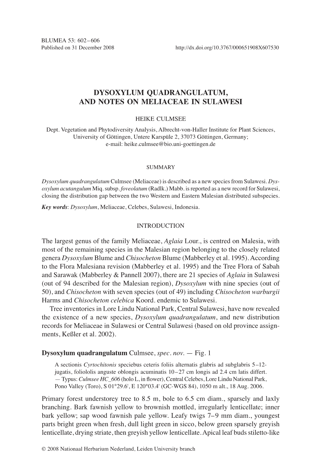 Dysoxylum Quadrangulatum, and Notes on Meliaceae in Sulawesi