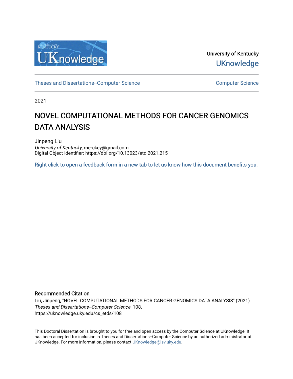 Novel Computational Methods for Cancer Genomics Data Analysis
