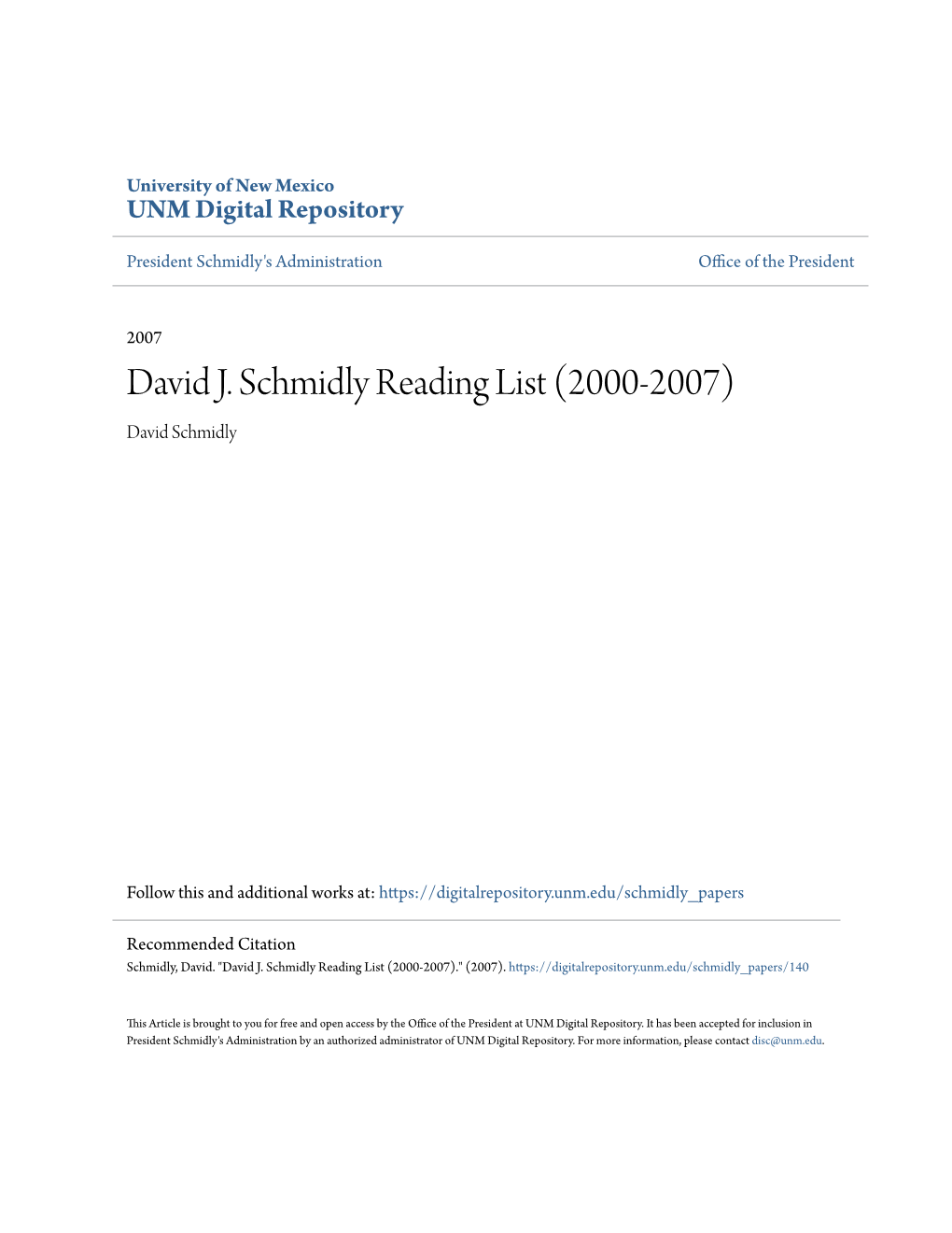 David J. Schmidly Reading List (2000-2007) David Schmidly