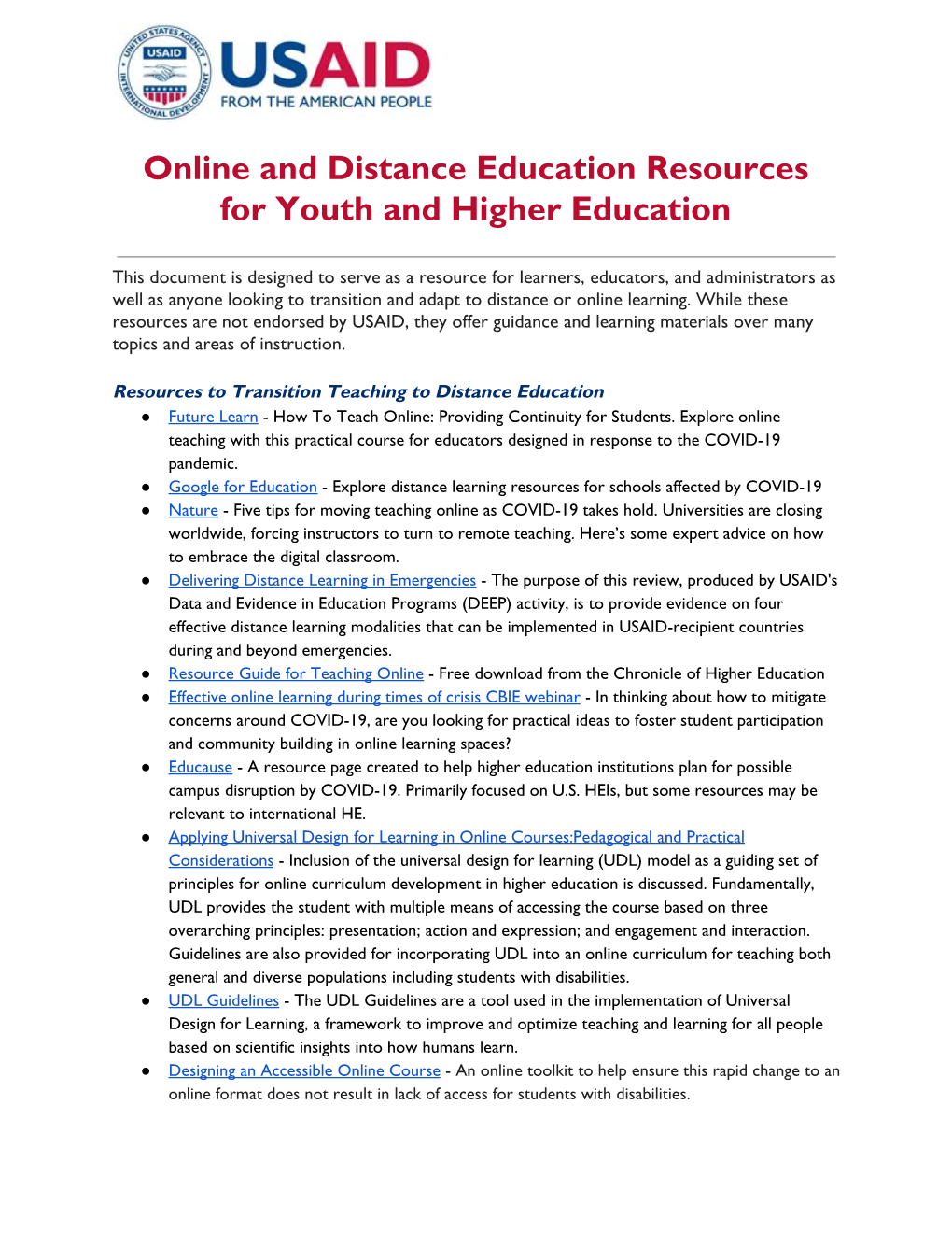 Online and Distance Education Resources for Youth and Higher Education
